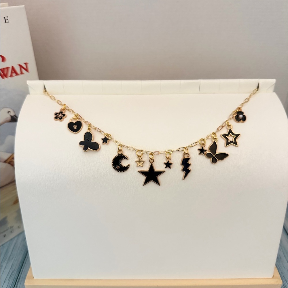 Celestial Charm Necklace with Black Enamel Charms - Book Chain, Purse Charms